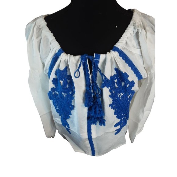 2/$35-Line & Dot Embroidery Off Shoulder Pheasant Boho Blouse Women's Size M - Picture 6 of 13